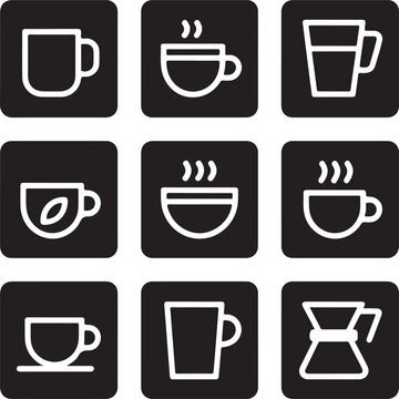 Minimalist outline coffee cup icons collection on dark squares including mugs and glass vessels for digital interface and labels.