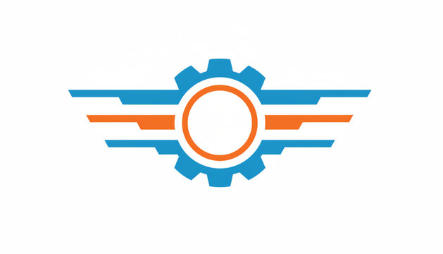 Gear icon with circular center ring and striped horizontal bands in blue and orange tech style featuring cogwheel, settings, engineering with