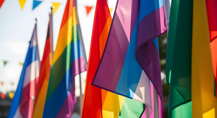 Obraz premium Vibrant LGBTQ+ Pride Flags Fluttering in the Breeze, Symbolizing Inclusivity and Diversity