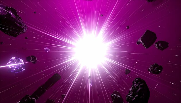 Stunning supernova explosion with floating dark asteroids in purple galaxy background