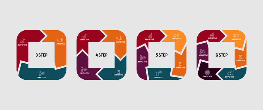 Circle square arrows diagram infographic set. Circular arrows with 3, 4, 5, 6 steps, options. Process chart, cycle diagram for business presentation, report, slide, brochure, annual report.