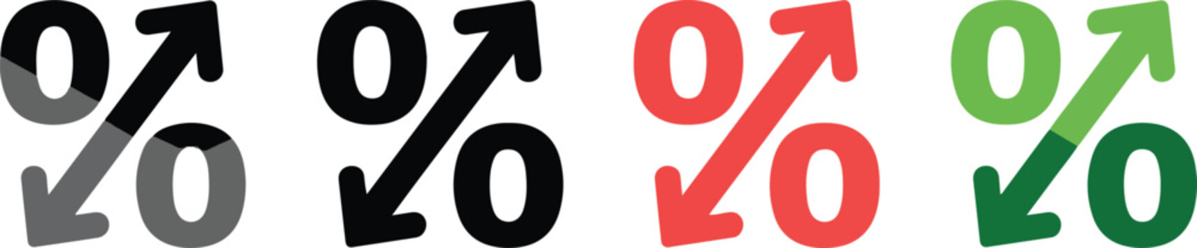 Set of percentage sign icons with upward and downward arrows, representing increase and decrease, vector graphic.