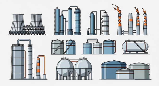Industrial Plant and Equipment - A Detailed Vector Illustration of Factory Structures.