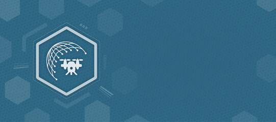 Fototapeta premium Abstract technology background with a drone silhouette and digital globe connectivity network in a hexagon frame