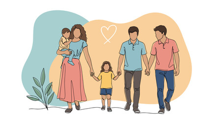 Fototapeta premium Happy family of five walks together in a flat vector style illustration representing love and unity in a community.