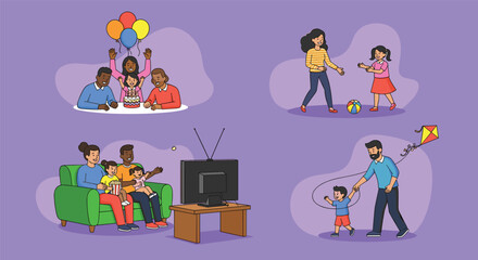 Fototapeta premium Collection of family moments including a birthday celebration playing ball watching television and flying a kite together.