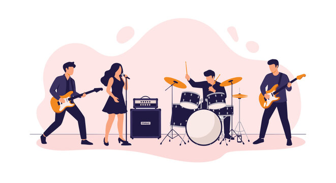Musical band with a talented female singer guitarists and a drummer performs live on stage with professional equipment.