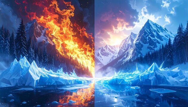 Diptych showing fire versus ice landscapes, mountains, trees, and water reflections against vivid color schemes