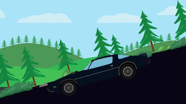 Retro car animation going down the valley on the street, nature trees background
