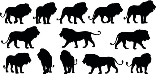 Set of Silhouette Lion Illustrations in Various Poses for Vector Art on White Background © MSTFarjana
