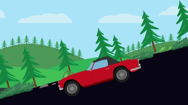 Retro car animation going down the valley on the street, nature trees background