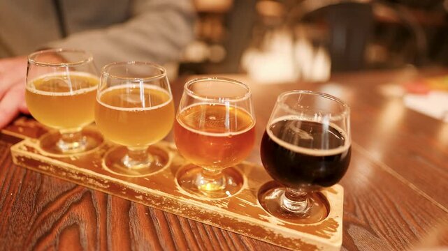 Craft Beer Flight Tasting Paddle on Wooden Table in Kanazawa Japan