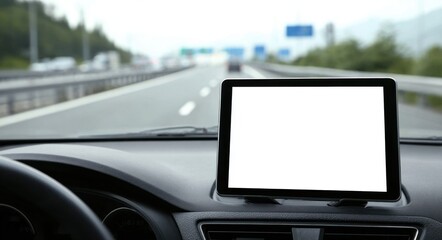 Fototapeta premium Car dashboard with blank screen tablet mount on highway traffic road, vehicle navigation device for driving travel and app presentation concept.