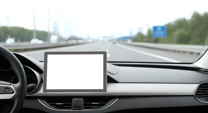 Car dashboard with blank screen tablet mockup on highway road, vehicle navigation system and driving travel technology presentation concept.