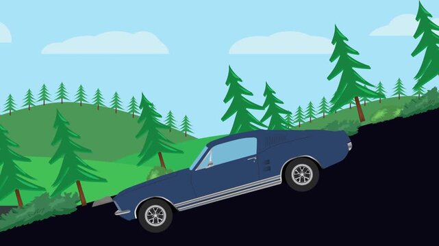 Retro car animation going down the valley on the street, nature trees background