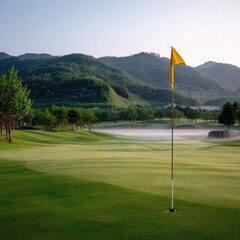 Obraz premium Serene Golf Course Landscape Under Morning Sunlight in Nature