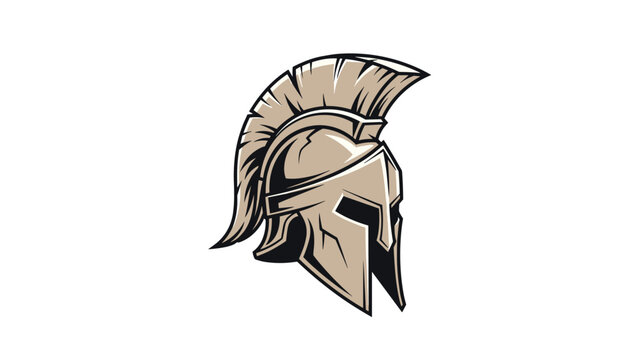 Classical spartan or roman warrior helmet with a large feathered crest depicted in a detailed beige and black illustration.