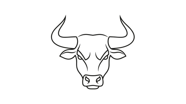 Minimalist black line drawing of a powerful bull's head with large horns and focused eyes shown on a clean white background.