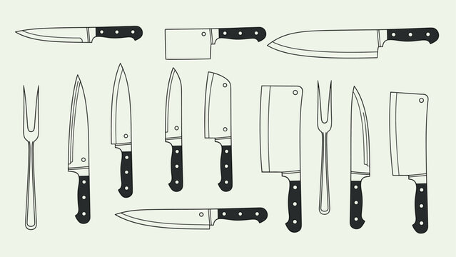 Assortment of different kitchen knives and forks for meat carving shown in a black and white line art style on light gray.