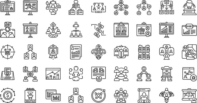 Business workflow and organizational structure line icon set featuring project management analytics minimal outline vector collection