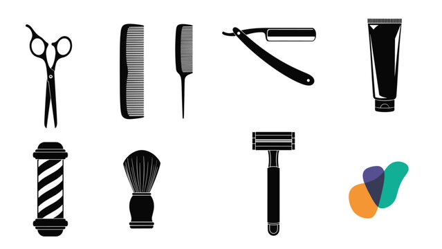 Professional barbershop tool icons including scissors combs straight razors a brush and a barber pole in a clean black and white style.