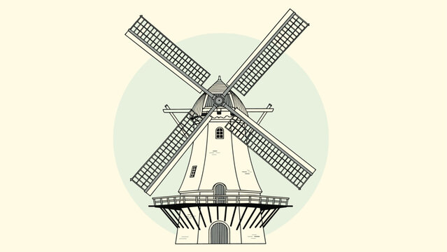 Traditional rural windmill illustration with detailed architectural lines on a light circle background for farming or dutch concepts.
