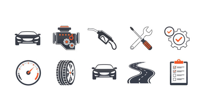 Set of professional automotive vector icons representing car maintenance services and essential transportation concepts for web design