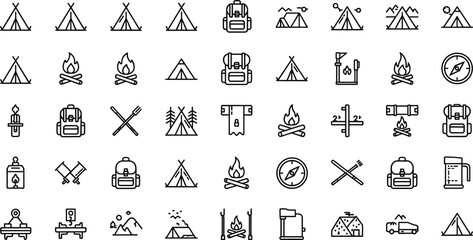 Camping and outdoor adventure line icon set featuring tent campfire backpack hiking minimal outline vector collection © Mahfujahmmed
