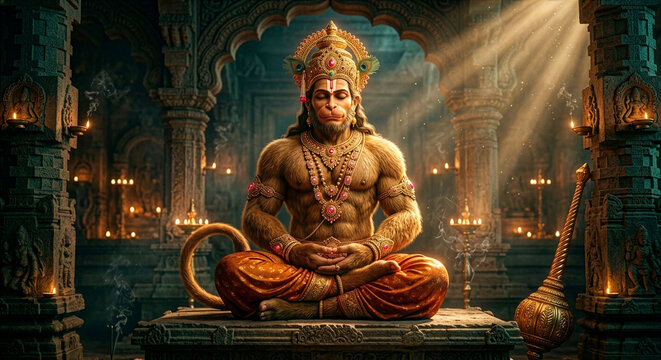 Experience the awe of the Monkey God. High-detail digital art capturing Hanuman&rsquo;s immense strength and golden aura in an ancient temple setting.
