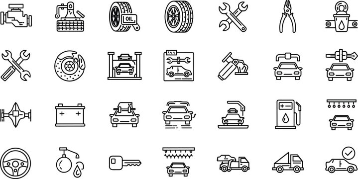 Car service and automotive repair line icon set featuring mechanic tools maintenance garage minimal outline vector collection