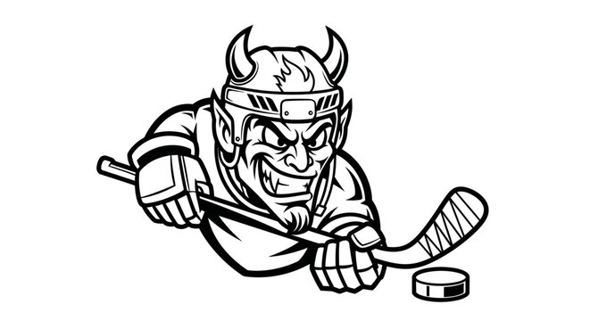 Fiery devil mascot with hockey stick and puck in action graphic
