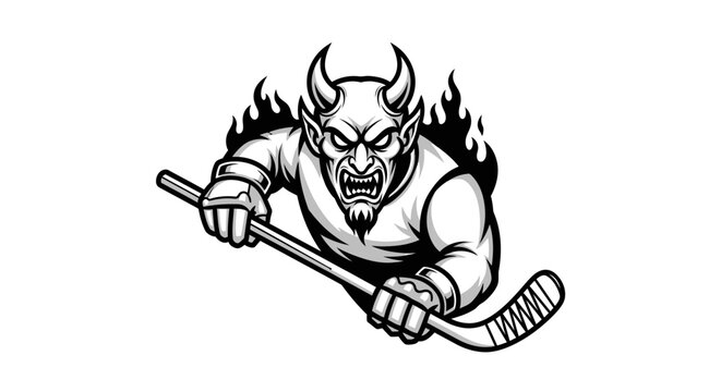 Fiery devil mascot with hockey stick isolated on white background