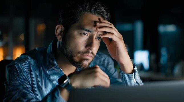 A realistic cinematic photo of a latino office worker (male, around 30 years old, not a model, natural look), sitting alone at his desk at night, looking stressed and thoughtful while facing a laptop.