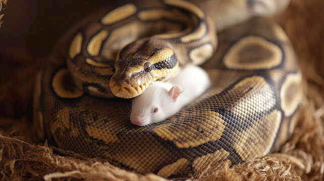 Python snake coiling around a white mouse in a dramatic predator and prey scene, showcasing wildlife behavior, hunting instinct, and survival in nature