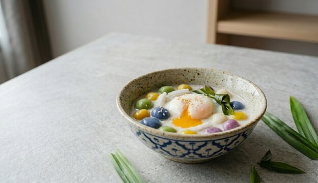 A bowl of Thai Bua Loy, colorful glutinous rice balls in warm, sweet coconut milk topped with a poached egg. A traditional, delicious Thai dessert.