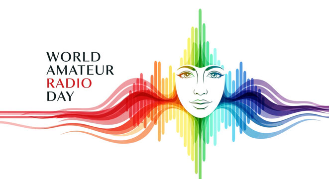 A vibrant vector illustration celebrates World Amateur Radio Day with colorful radio waves emanating from a stylized face, symbolizing global amateur radio communication and the spirit