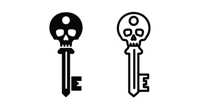 Two stylized skull shaped keys are depicted in black and white line art