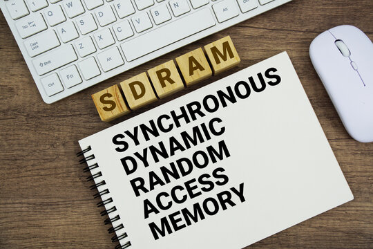 SDRAM Synchronous Dynamic Random-Access Memory message with keyboard and optical mouse on wooden background