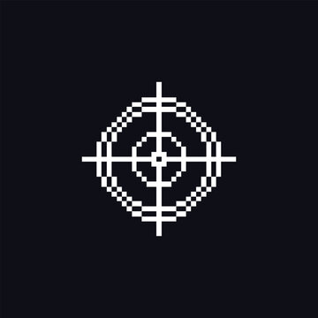 Retro pixel art crosshair icon in classic 8-bit style. Monochrome target and aiming symbol representing precision, targeting, and shooting mechanics. Ideal for shooter games, battle royale games, FPS 
