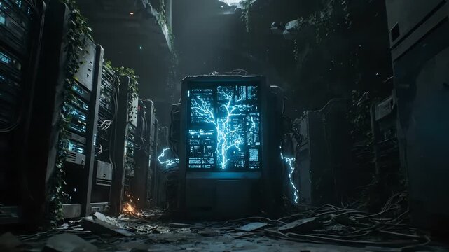 Glowing Server Tower in Overgrown Ruined Data Center