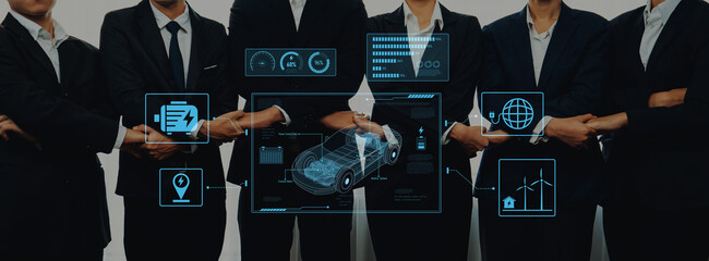A professional business team stands confidently in suits, showcasing digital interface elements that represent technology and data analysis for future growth. Trope © InfiniteFlow