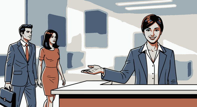 Business woman at reception desk welcoming.