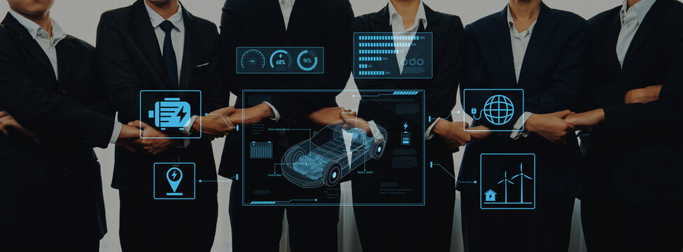 A professional business team stands confidently in suits, showcasing digital interface elements that represent technology and data analysis for future growth. Trope