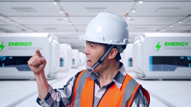 Close Up Side View Of Angry Asian Male Engineer With Safety Helmet Shouting At Someone While Standing at Modular Energy Storage Systems