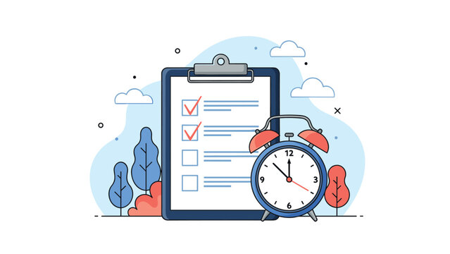 Time management and daily routine planning showing a checklist on a clipboard with a ringing alarm clock in a natural setting.