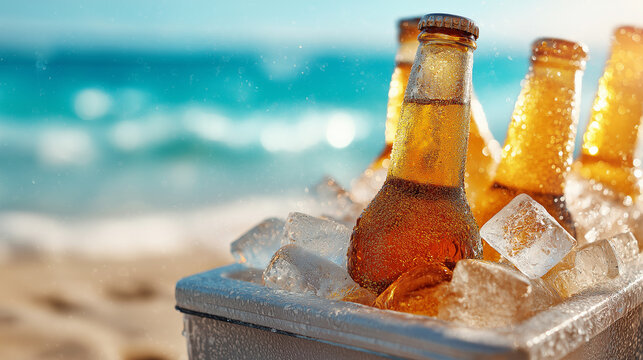 Cold beer in ice and a portable cooler on a sandy beach, Glass bottles of light beer with water drops in a container with ice on a sea background, generative ai