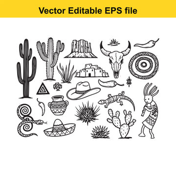 Southwestern Desert Elements Collection - Line Art Vector Icons