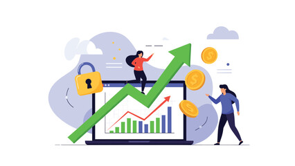 Fototapeta premium Business team monitors growth charts on laptop screen with security lock and coins illustrating safe financial investment and data analysis.