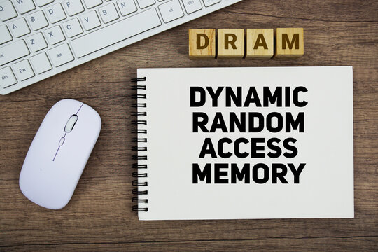 DRAM Dynamic Random Access Memory message with keyboard and optical mouse on wooden background