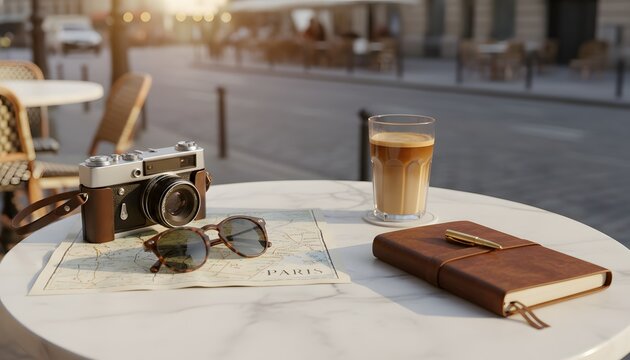 Vintage camera, map of Paris, and coffee on a cafe table for a city sightseeing and summer vacation concept with a bright morning atmosphere